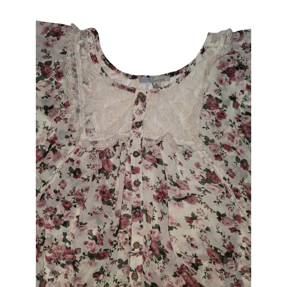 Women's Cecico Floral Blouse, SZ S White & Pink Boho Flowy Flutter Sleeve Lace - Picture 3 of 5